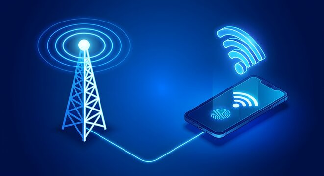 Cell tower transmitting signal to smartphone with wifi and fingerprint - Powered by Adobe