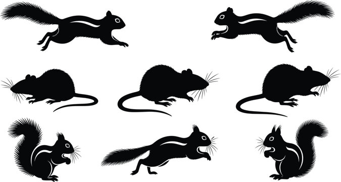 Small Rodent Silhouettes Set Featuring Squirrels, Chipmunks, and Rats Running and Sitting Vector Illustration