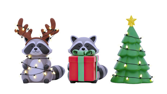 Cute Raccoons and Christmas Tree with Lights