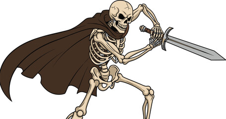 Stylized skeleton warrior with sword and cape in battle stance, representing fantasy combat, undead mythology, and RPG character design. © Yeasrin