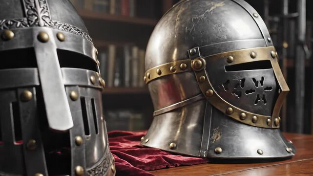 Illustration of two medieval knight helmets, front and side view, showcasing detailed metal armor design. video
