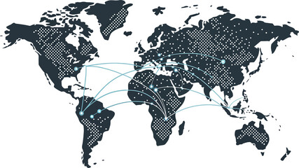 Global Network Connection World Map with Glowing Data Lines - Dotted Vector Tech Interface