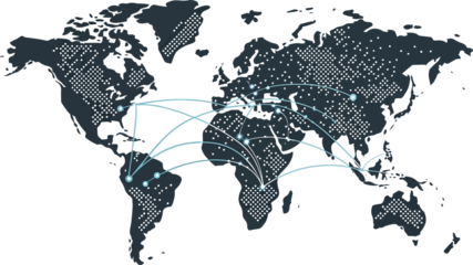Global Network Connection World Map with Glowing Data Lines - Dotted Vector Tech Interface