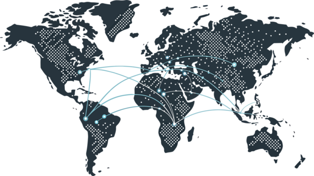 Global Network Connection World Map with Glowing Data Lines - Dotted Vector Tech Interface - Powered by Adobe