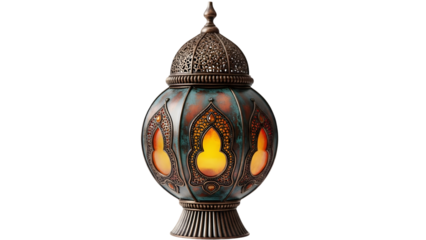 Beautifully crafted lantern with intricate designs and glowing light inside on isolated transparent background