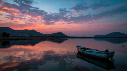 Obraz premium Small Boat on Calm Water During Sunset with Mountain Reflections