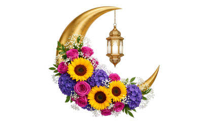 Golden crescent moon with colorful flowers and lantern isolated on transparent background for ramadan decoration