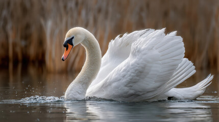 Obraz premium Swan swimming in calm water with wings spread