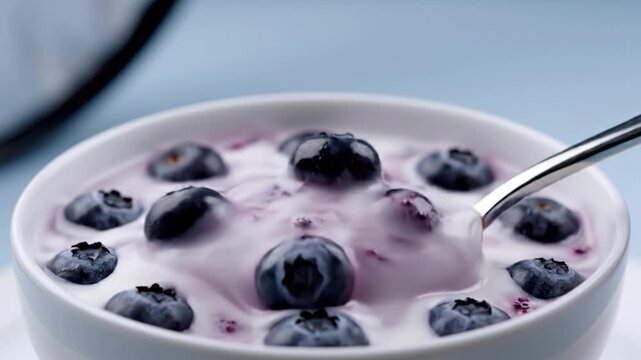 A spoon scoops creamy yogurt swirled with fresh blueberries in a white bowl