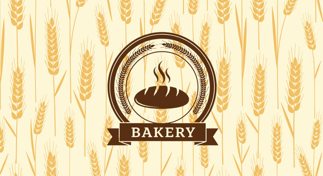 Vintage-style bakery logo with a loaf of bread and wheat ears in a circular frame, set against a seamless wheat pattern background.