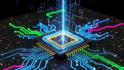 Microchip processor with glowing blue circuit board and neon connections in futuristic digital technology concept