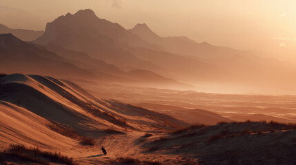 Naklejka premium Solo Cyclist Riding on Dunes at Sunrise