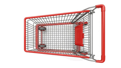 Red supermarket shopping cart. 3d top view vector illustration. Photo realistic empty basket for food products. Customers market trolley mockup. Single object isolated on white. Mall equipment