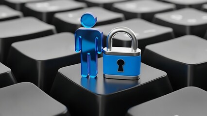 Digital security concept: blue person icon and padlock on a computer keyboard