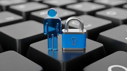 Digital security concept: blue person icon and padlock on a computer keyboard