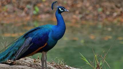 Obraz premium Blue Peacock Standing in a Green Forest