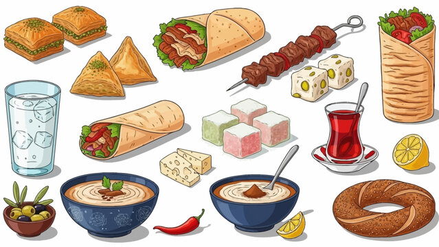 Vector flat, Turkish national food set. Baklava, doner kebab, rahat lukum, shawarma, kebab, ayran, boza, turkish tea, bagel simit and other
