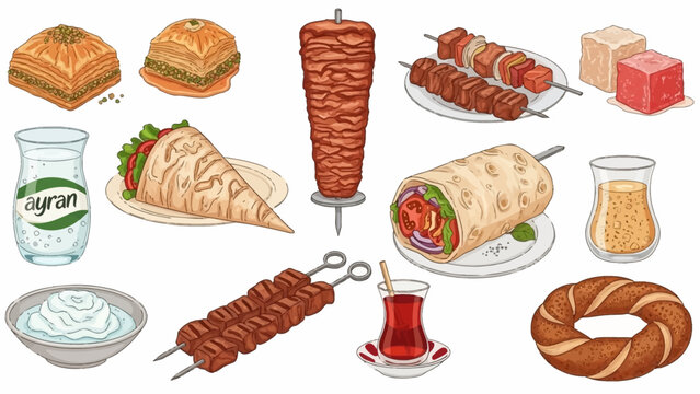 Vector flat, Turkish national food set. Baklava, doner kebab, rahat lukum, shawarma, kebab, ayran, boza, turkish tea, bagel simit and other