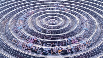 Concentric circles of people in a large circular grid pattern aerial view diverse crowd white lines grid background modern architecture