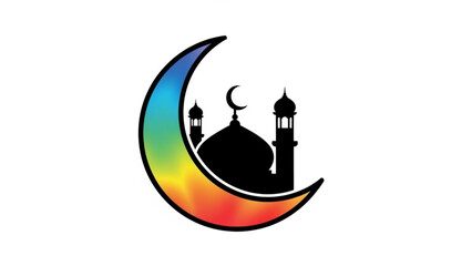 Obraz premium Rainbow Crescent Moon with Mosque Silhouette