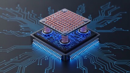 Advanced microprocessor chip with glowing blue circuit board and red grid pattern on top futuristic technology concept with neon blue circuit lines