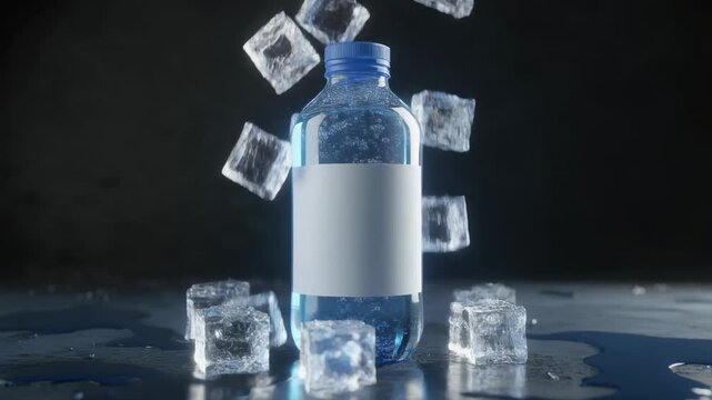 A chilled plastic water bottle surrounded by floating ice cubes on a reflective surface.