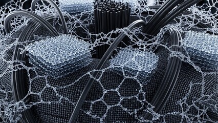 Complex nanotechnology structure with carbon nanotubes and graphene layers in a futuristic abstract background with dark metallic tones