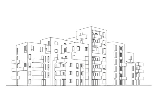 Architectural Line Drawing of Modern Apartment Buildings with Balconies