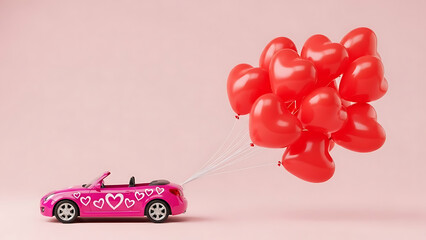 Pink convertible with heart-shaped balloons