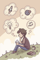 Young Boy Daydreaming With Creative Ideas In Thought Bubbles