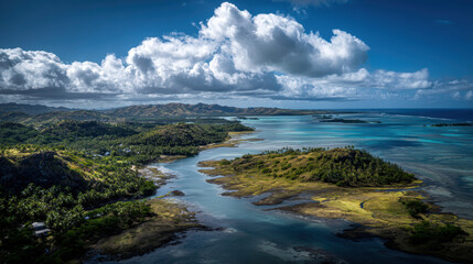 Obraz premium Tropical Lagoon with Lush Greenery and Clear Skies