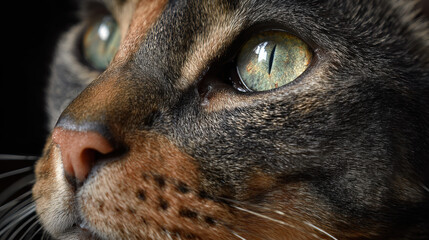 Close-up of a cat's face with green eyes
