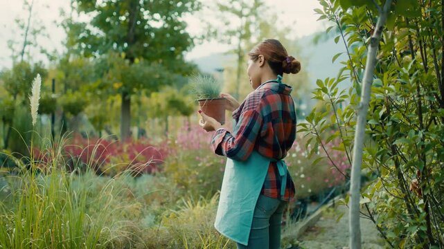 Gardener Holding Potted Plant in Lush Garden