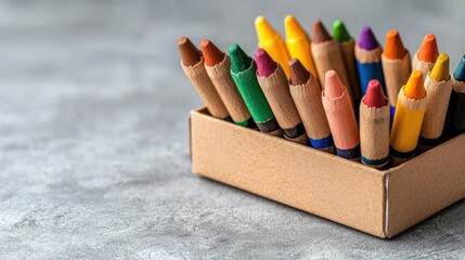 Colorful Crayons in Cardboard Box on Gray Surface
