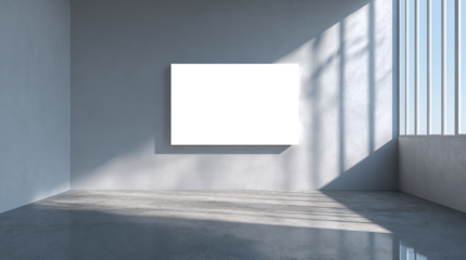 Interior mockup of a minimalist gallery or studio. Blank horizontal canvas on a concrete wall with natural sunlight and shadows