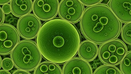Green algae cells with multiple smaller cells inside vibrant green color scientific microscopic view detailed cellular structure algae reproduction abstract biological background