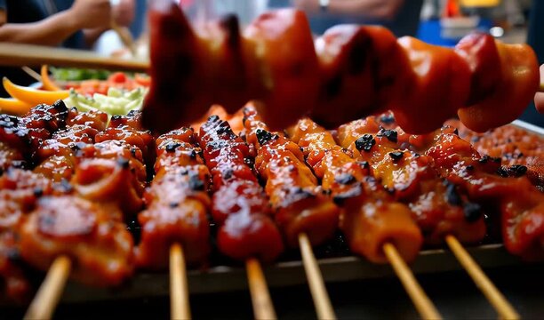Juicy skewers of grilled meat on a smoky barbecue, sizzling close-up, flames curling, 4K and HD footage highlighting caramelization and aroma