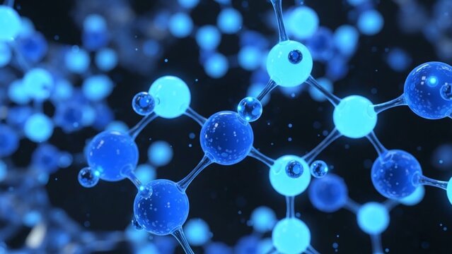Molecular structure of blue atoms connected by bonds in a scientific 3d illustration with glowing spheres and dark background - Powered by Adobe