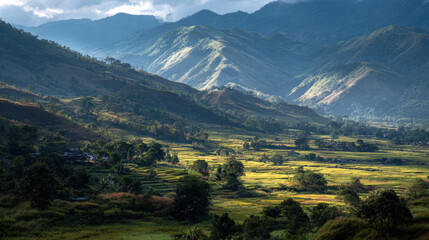 Obraz premium Lush green rice terrace landscape with mountain backdrop