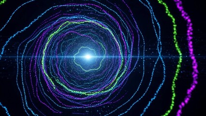 Vibrant neon light spiral with glowing center and concentric circles on dark background futuristic energy pattern