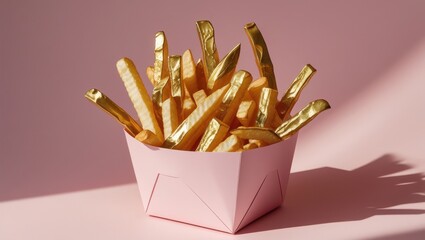 Luxury Fast Food Concept Featuring Golden French Fries in a Pink Cardboard Container on a Soft Pink Background