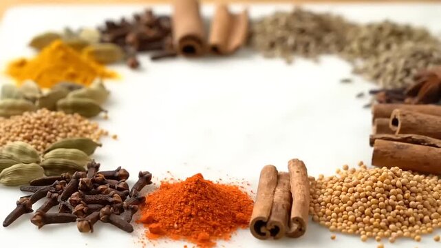 Arrangement of colorful spices and herbs in a circular pattern