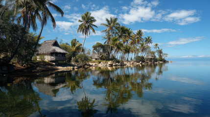 Tropical Lagoon with Thatched Roof Cottages Surrounded by Palm Trees