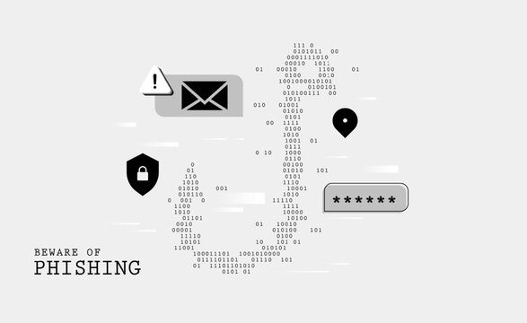 Cybersecurity awareness concept featuring phishing alerts, password protection, and secure email icons integrated with binary code. Professional visual for data privacy and online threat warning.