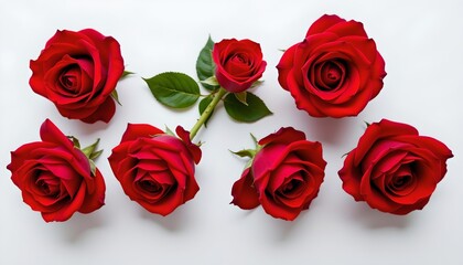 Fototapeta premium Fresh Red Roses with Lush Green Stems White Background