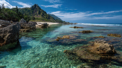 Fototapeta premium Tranquil Shoreline with Clear Turquoise Water and Rocky Coastline