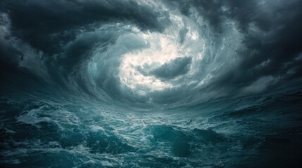 Dramatic stormy sky over dark turbulent ocean waves