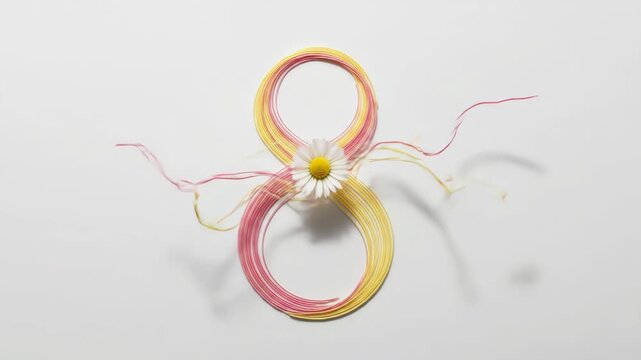 Delicate flower made of pink and yellow wire loops with thin threads on white surface from above