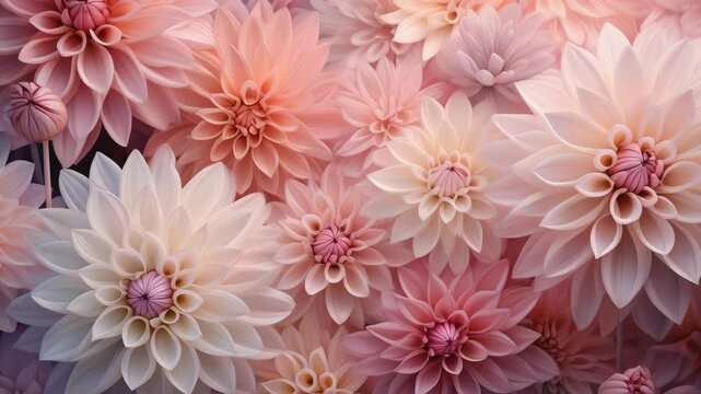 Beautiful pastel pink and white dahlia flowers in full bloom.