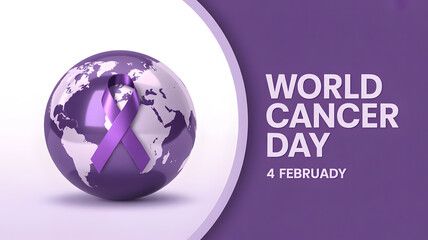 World Cancer Day awareness design, flowing purple ribbon with modern typography. Medical support and healthcare campaign.